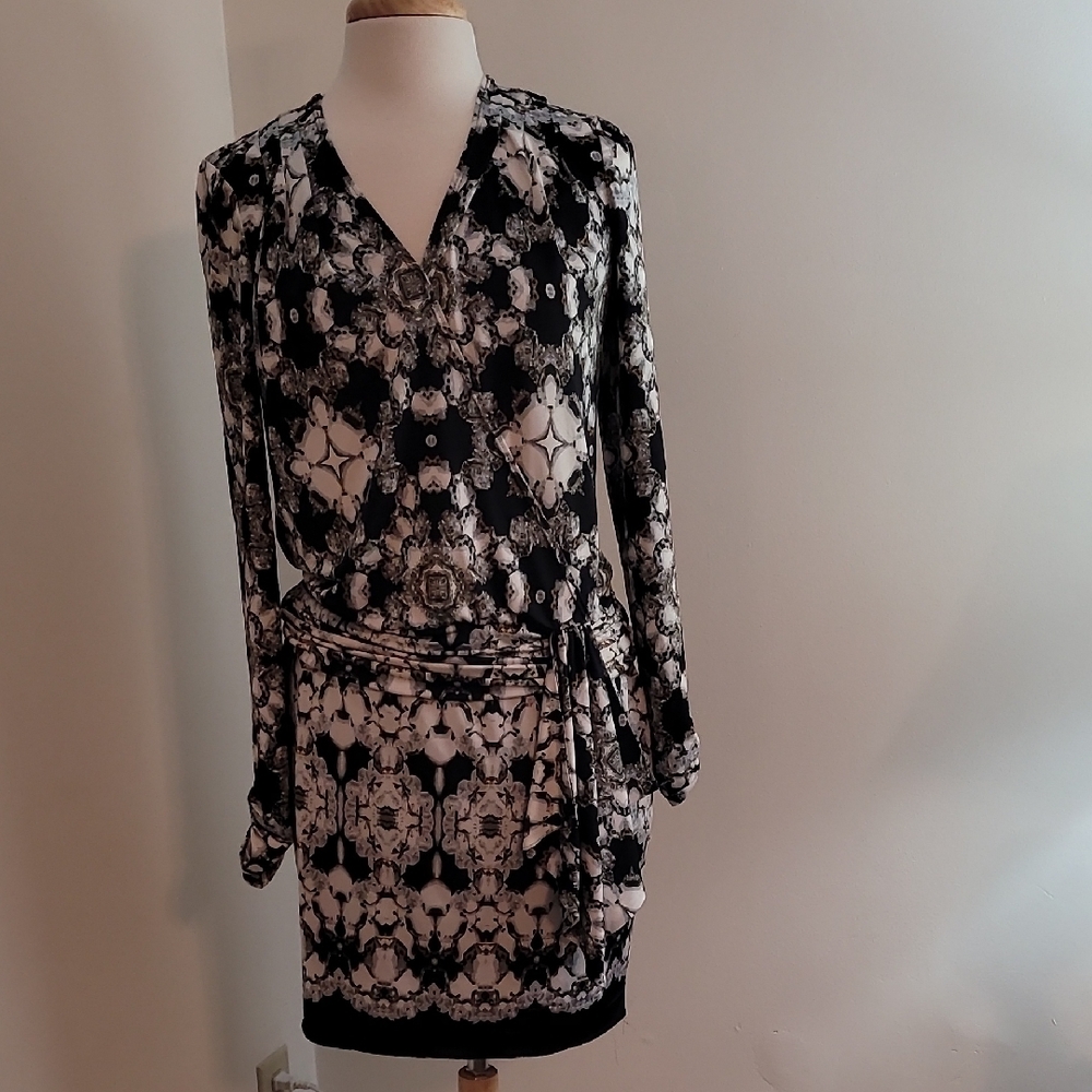Cache Black and Tan Wrap Tie Front Sheath Dress